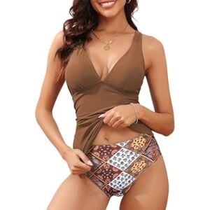 ZAFUL Tankini Swimsuits V Neck Two Piece  Cross Back High Waisted Bikini nwt